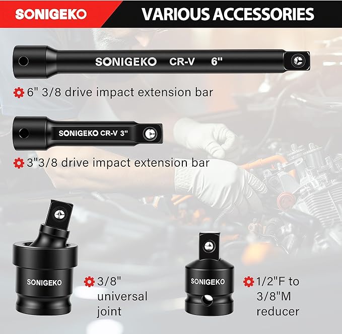 Socket Set 3/8" Drive Impact Socket Set,48-Piece 6 Point Deep,Standard SAE and Metric CR-V Steel Sockets with extension bar (Metric and SAE, 3/8" Socket Set, 48pcs)