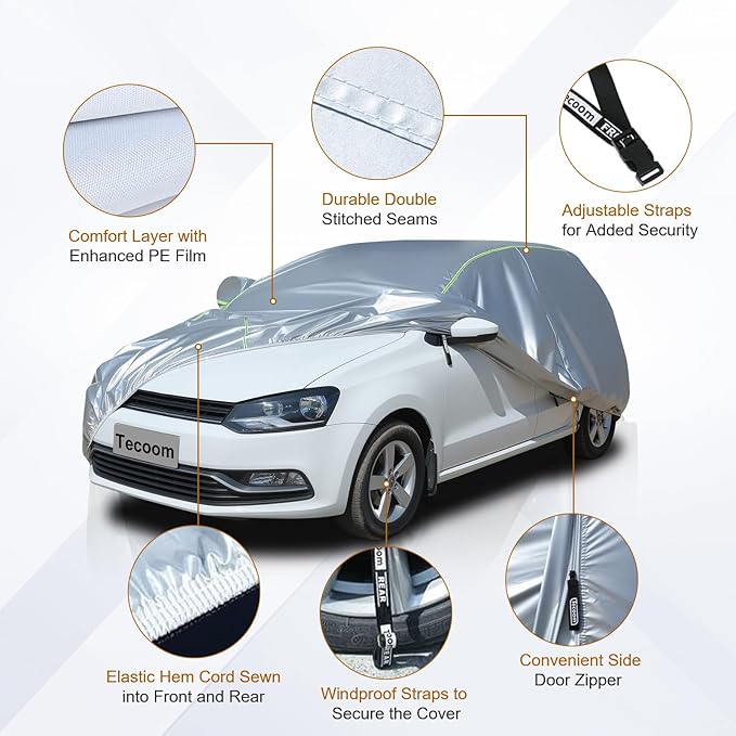 Tecoom Light Shell Car Cover Waterproof All Weather, Breathable Material with Door Zipper & Mirror Pockets, Rain Snow Sun Wind Protection Outdoor & Indoor Full Covers Fit for Hatchback (160-172")