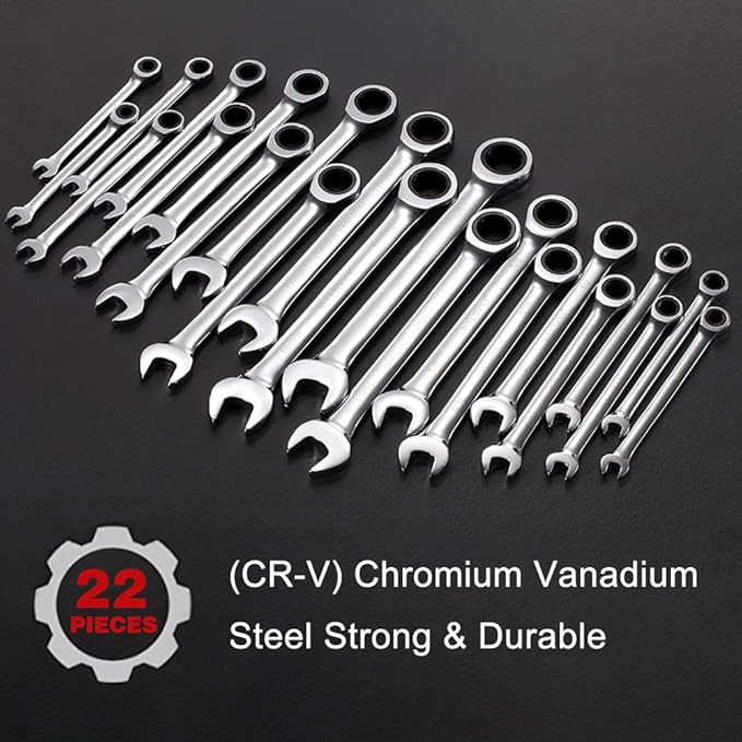 BULLTOOLS 23-Piece Ratchet Wrenches Chrome Vanadium Steel Ratcheting Wrench Set with Metric and SAE 72-Tooth Box End and Open End Standard Wrench Set with Organizer Box