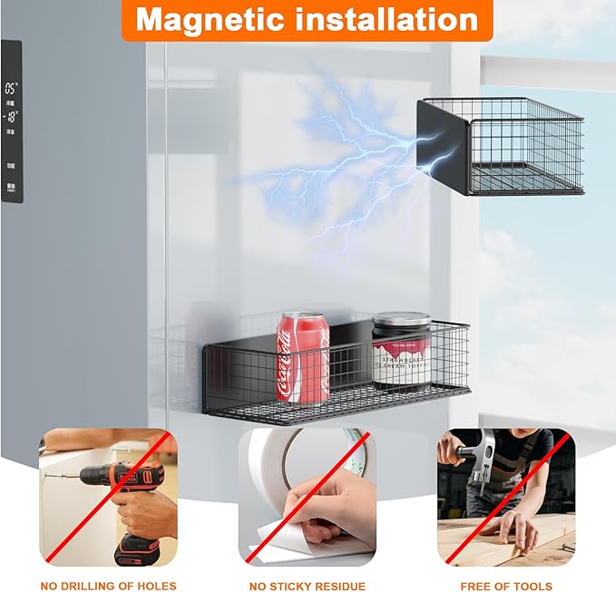 2Pack Magnetic Basket Organizer Holder for Fridge, Magnetic Shelf for Garage, Laundry, Kitchen, Workshop, Cabinet