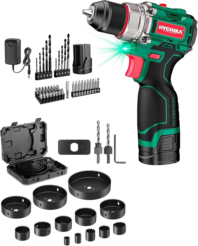 HYCHIKA 16.8V Brushless Power Drill Driver, Hole Saw Kit 3/4" to 5"(19mm-127mm), Tool Combo Kit
