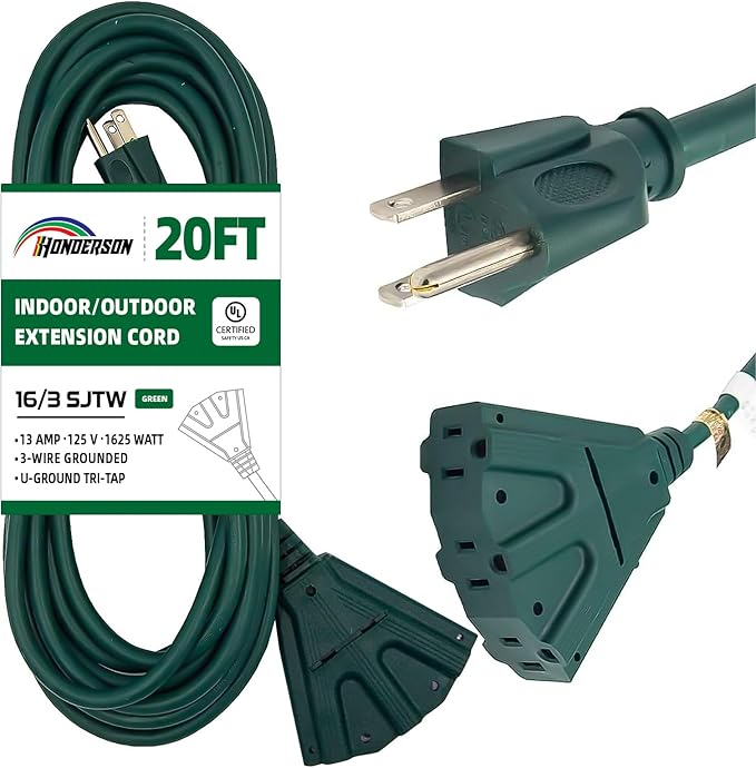 3-Outlets Indoor Outdoor Extension Cord Weatherproof, UL Certified, 16 Gauge 20FT Green 3 Prong Heavy Duty, 16/3 SJTW 13A Power Cord