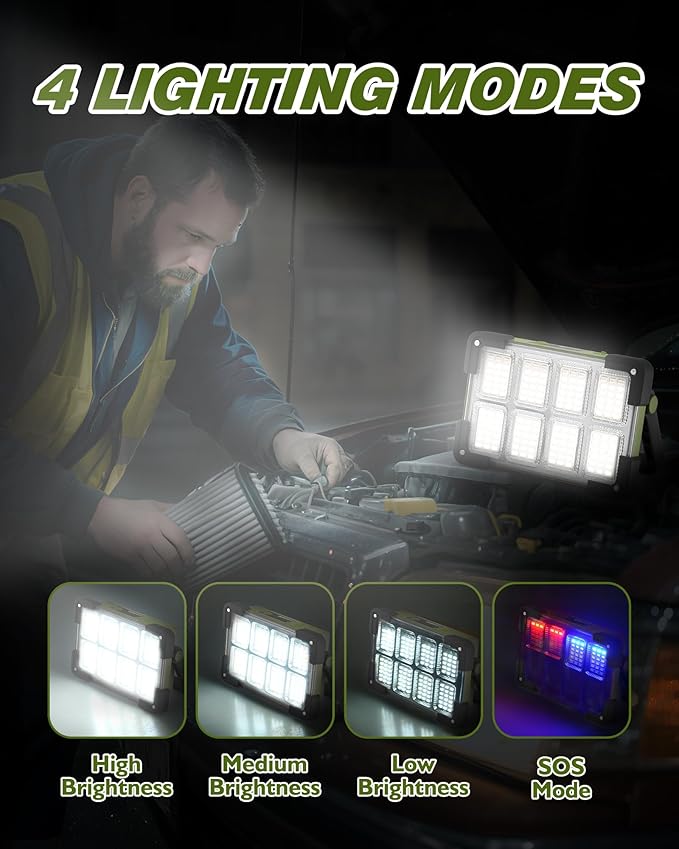 120W Solar Rechargeable Work Light, Portable Flood Light with Stand, 144 LED 10000LM Led Work Light with 4 Modes, IP66 Waterproof Outdoor Working Light for Emergency Repair Mechanic Camping