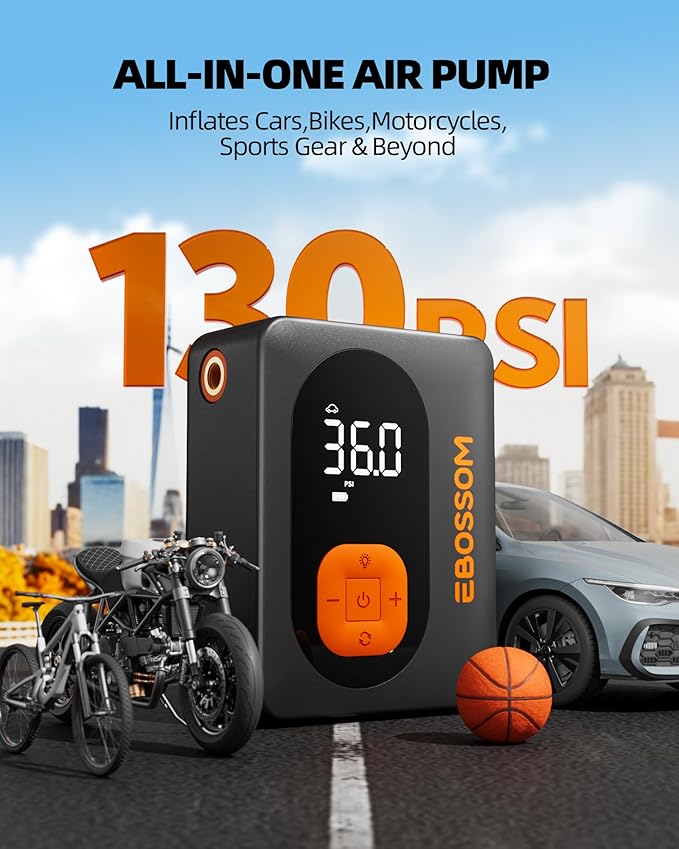 EBOSSOM Tire Inflator Portable Air Compressor Cordless Bike Pump with Digital Dual Values Display, 130 PSI Car Tires Pump with LED Lights Air Pump for Bikes, Motorcycles, Balls（15cm Car Air Hose）
