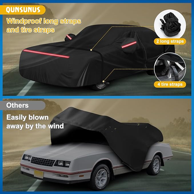 QUNSUNUS Car Cover for Chevy Monte Carlo 1970-1972 and 1978-1988, Waterproof Car Covers with Cotton Lining, All Weather Monte Carlo Cover with Straps and Zipper for Wind, Sun and Dust Protection