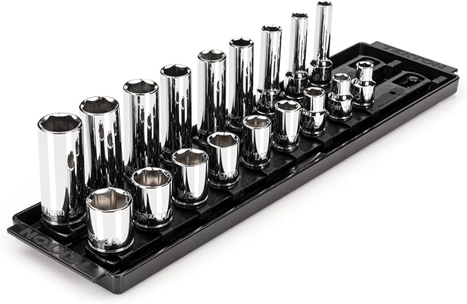 TEKTON 3/8 Inch Drive Shallow and Deep 6-Point Socket Set with Rails and Tray, 18-Piece (5/16-3/4 in.) | SHD91213