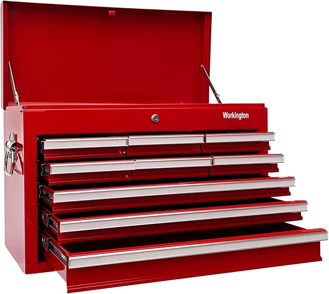 Workington Professional Industrial Portable Metal Tool Chest with 9 Drawers, 26" 9-Drawer Tool Chest Cabinet with Ball Bearing Drawer Slides, Steel Tool Storage Box Organizer 4016 Red
