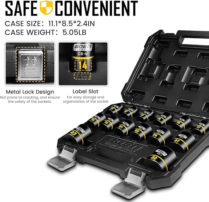 BOEN 14-Piece 1/2" Drive Shallow Impact Socket Set, Metric (11mm-32mm), 6-Point with Yellow Embossed Marking