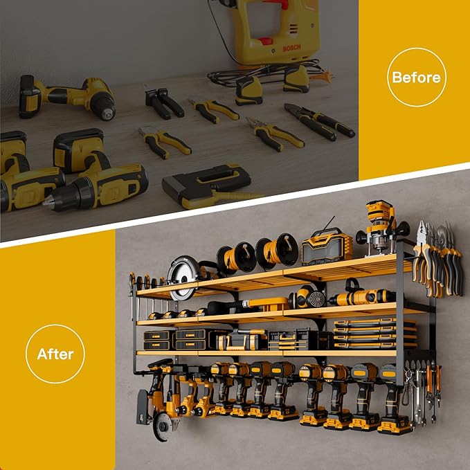 NattyDot 48" Large Power Tools Organizer Wall Mount,12 Drill Holder for Garage, Workshop Heavy Duty Storage Rack (Yellow)
