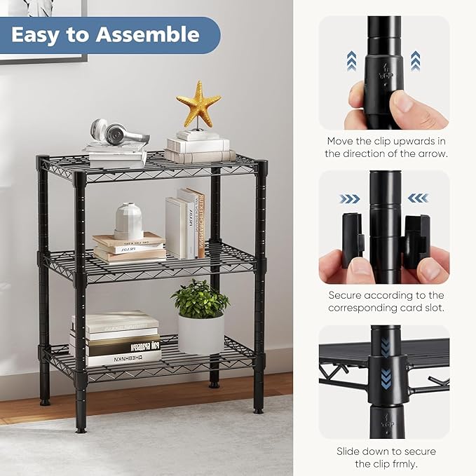 HealSmart 3-Tier Metal Wire Storage Shelves, Adjustable Standing Storage Rack Shelf, Heavy Duty Steel Shelving Unit Organizers for Kitchen Bathroom Pantry Garage, 23.2" W×13.4" D×30.3" H, Black