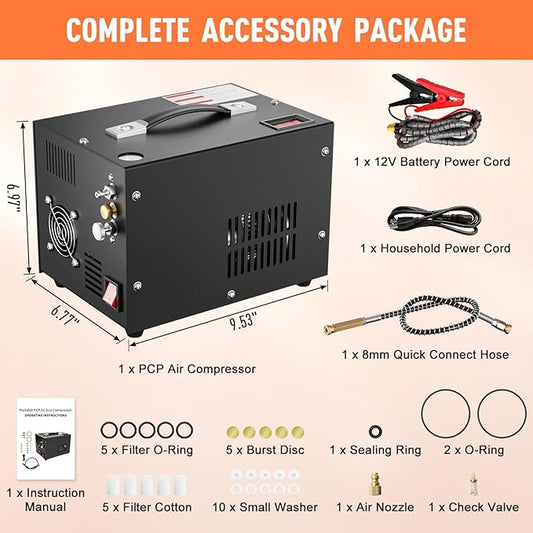 PCP Air Compressor, 4500PSI/30Mpa Scuba Tank Compressor, DC12V/AC120V PCP Airgun Compressor Manual-stop, Oil/Water-Free High Pressure Air Compressor Pump for Paintball, Air Rifle