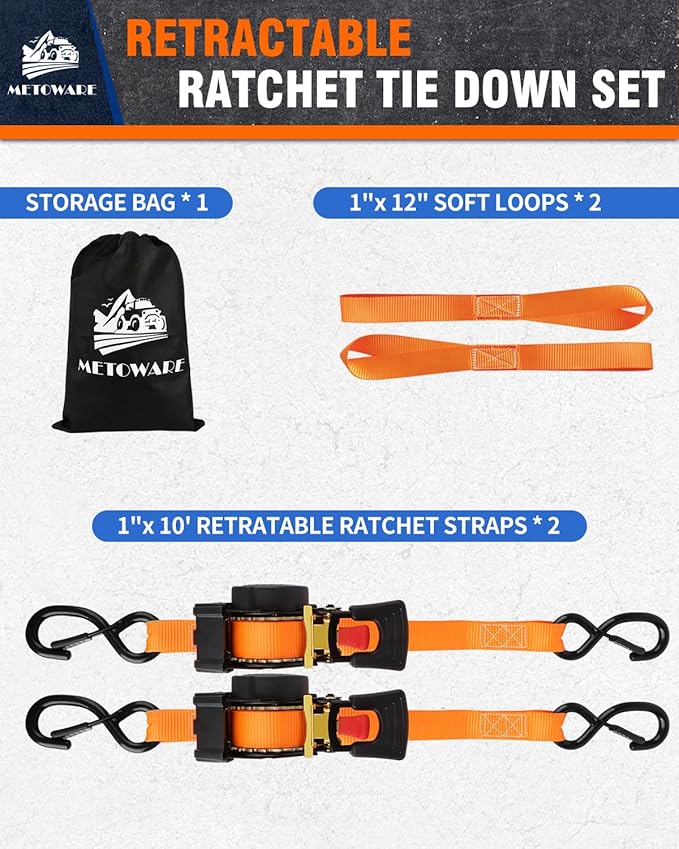 METOWARE Retractable Ratchet Straps (2-Pack) - 1 in x 10 Ft (1500lb Break Strength) - Heavy Duty Auto Self Retracting Tie Down Straps for Truck, Trailer, Cargo Van, Motorcycle - Orange