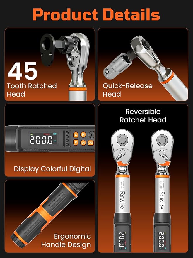Digital Torque Wrench, 7.38-147.5 ft.lb/10-200 Nm, 1/2" Drive Inch Pound Torque Wrench Electronic with Buzzer & Colorful LED Indicator Cars Automotive