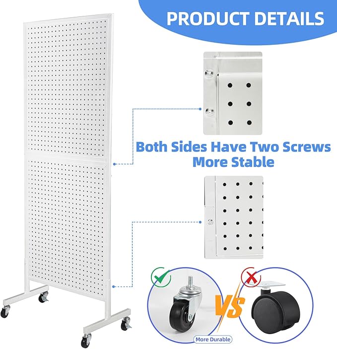 NectaCol 2'x 5' Standing Pegboard Display with T-Base, Pegboard Display Stand with Wheels, Metal Peg Board Display Rack, Art Display Stand, Extra 10 Pieces Hooks - White