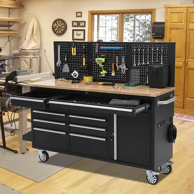 61" Rolling Tool Chest Workbench with 10-Drawers & Solid Rubber Wood Top, Mobile Heavy Duty Tool Storage Cabinet with Lock, Casters, Drawer Liner & 1675 LBS Load Capacity, Includes Power Strip