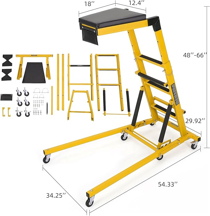 GarveeTech Topside Automotive Creeper with 6 Swivel Casters, 400LB Heavy-Duty Top Creeper, Adjustable Height 48" to 66" & 2" Padded Deck for Truck/SUV Repair, Garage Maintenance, Yellow