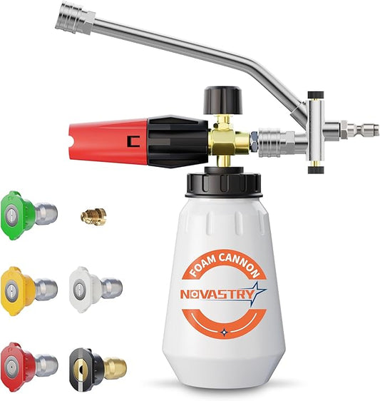 High-Pressure Washer Foam Cannon Accessory, Features a Dual-Connector Design, Includes a 1-Liter Capacity Bottle, 5 nozzles, and an Extension Rod. The Spray Bottle Capacity is 1 Liter/0.26 gallons