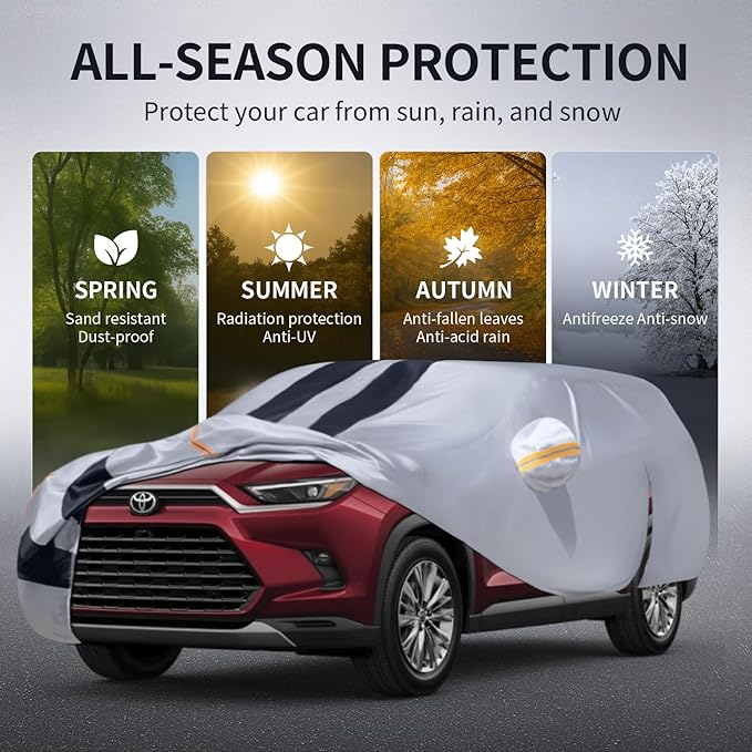 Multi-Layer Car Cover Custom Fit for Toyota Grand Highlander(2013-2026), 100% Waterproof All Weather for Automobiles, Gift with Towel, Heavy Duty Car Covers for Rain Sun UV Protection With Door Zipper