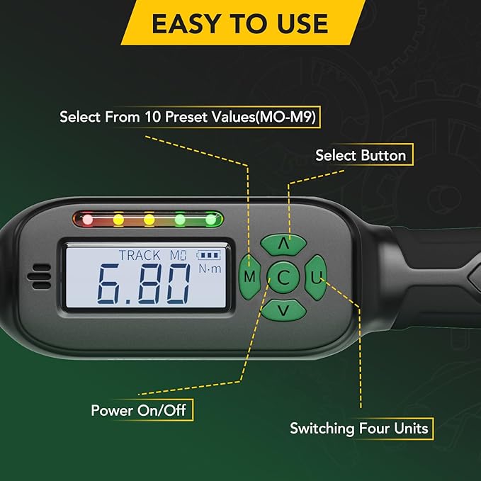 3/8 Inch Digital Torque Wrench, 2.2-44.3 Ft-lbs/3-60Nm, Buzzer and LED Notification, Small Electronic Torque Wrench for Motorcycles