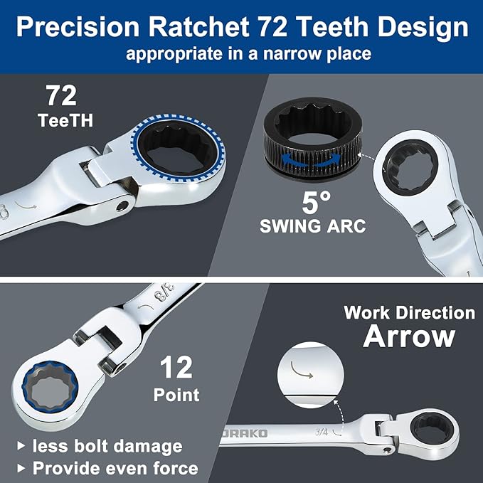 SORAKO Ratcheting Wrench Set Flex Head, 16 Piece SAE Combination Ratchet Wrench kit, 1/4″ - 13/16″ Chrome Vanadium Steel Wrenches