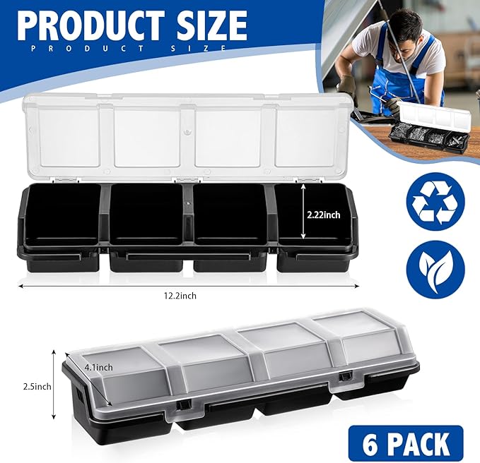 Hushee 6 Pcs Screw Organizer Box with Lid 4 Compartments Tool Bin Divider Plastic Stackable Hardware Organizer Small Part Storage Sorting Screw Box for Garage Workbench Craft Storage (Black)