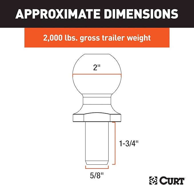 CURT 40097 Chrome ATV, UTV, Lawn Tractor Hitch Ball, 2,000 lbs, 2-Inch Diameter, 5/8 x 1-3/4-Inch Shank