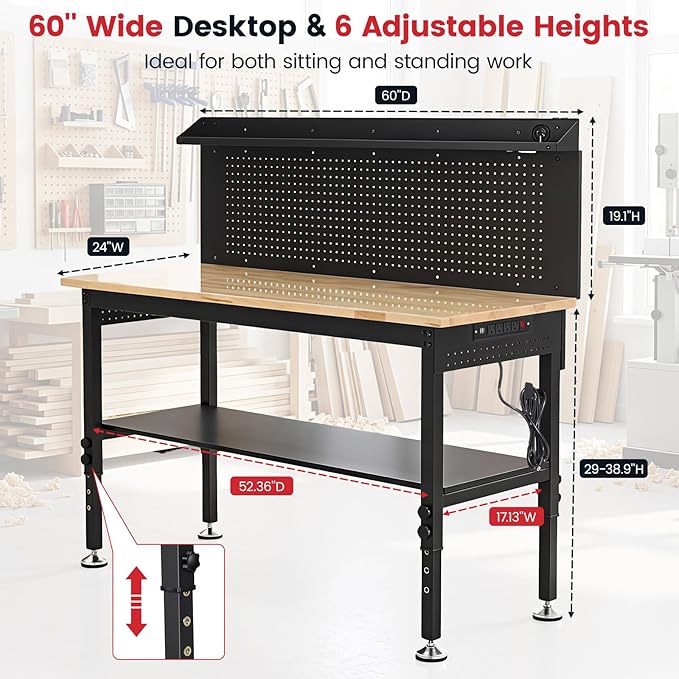 ENJOYWOOD 60'' Heavy Duty Workbench 3000 LBS Load Capacity Adjustable Height Garage Work Bench with Pegboard, Storage Shelf, Power Outlets and LED Light