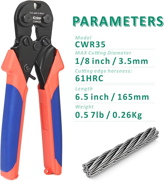 iCrimp 3.5mm Ratchet Wire Rope Cutter with 61 HRC Hardened Blade for Bicycle, Aircraft, Copper & Piano Cables, CWR35