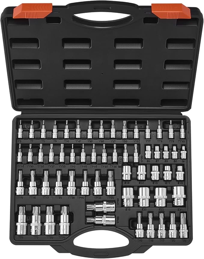 VEVOR Torx Bit Socket and External Torx Socket Set, 60-Piece T6-T70, TT6-TT70, TP8-TP60, E4-E24, S2 Alloy Steel and Cr-V Steel, 1/4 in, 3/8 in, and 1/2 in Drives, with Enhanced Storage Case, Hand Use
