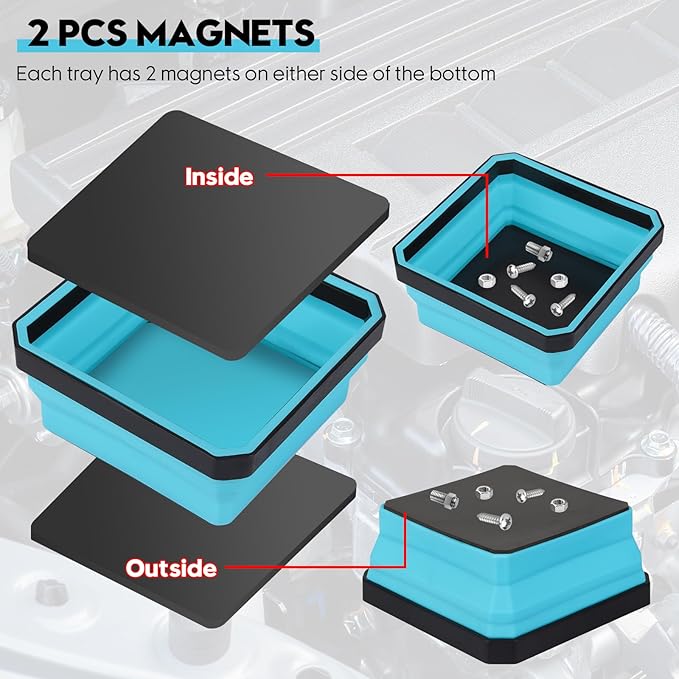 Collapsible Parts Tray Set, 4 Pack New Version Magnetic Tool Trays for Screw Bolts Nuts Washers Pins & Small Metal Parts-4.5' Square Silicone Bowls with Double Sided Magnetic Base(Sky Blue)
