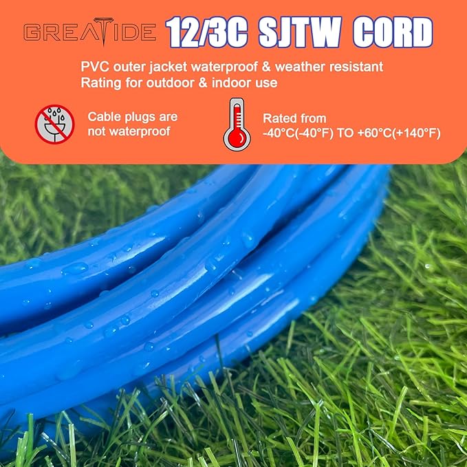 Outdoor Extension Cord with Lighted End, 12 Gauge Heavy Duty 10 FT, 3 Prong Grounded 15 Amp Extension Cord, 12/3 SJTW Waterproof Power Cord for Appliance, UL Listed, Blue