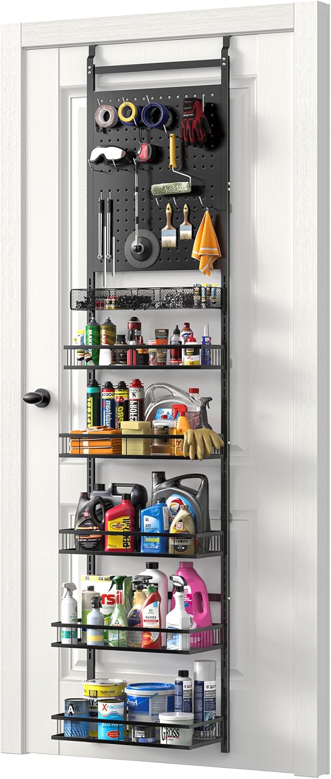 mustry Over The Door Garage Organizer, Behind The Door Storage with PegBoards and Baskets for Cleaning Supplies, Car Care, Spray Can, Metal Hanging Storage Rack for Garage Organization
