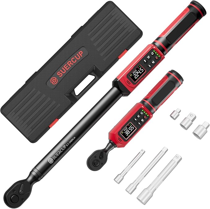 3/8"&1/2" Digital Torque Wrench Set(0.66-44.29Ft.Lb/0.9-60N.m&3.8-250.8Ft.Lb/5.1-340Nm), ±1% Accuracy with Vibration, Buzzer,LED Notification and Five Units of Measure, for Car,Moto, DIY