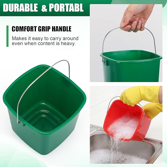 Zhehao 6 Pcs 3 Quart Bucket for Cleaning Small Sanitizer Bucket for Restaurant Square Plastic Pail with Handles for Home, Offices, Commercial Use, Food Service (Red,Green)