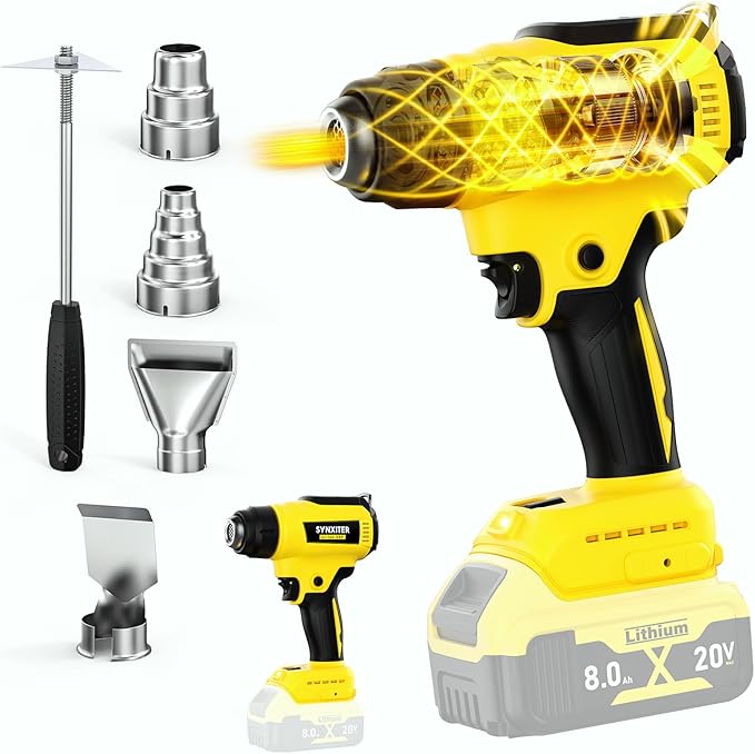 Cordless Heat Gun for Dewalt 20V Battery, 350W, LED Light, Fast Heating with Variable Temperature Control (122℉-1022℉), 4 Nozzles & Scraper for Crafts, Shrink Wrap (No Battery Included)