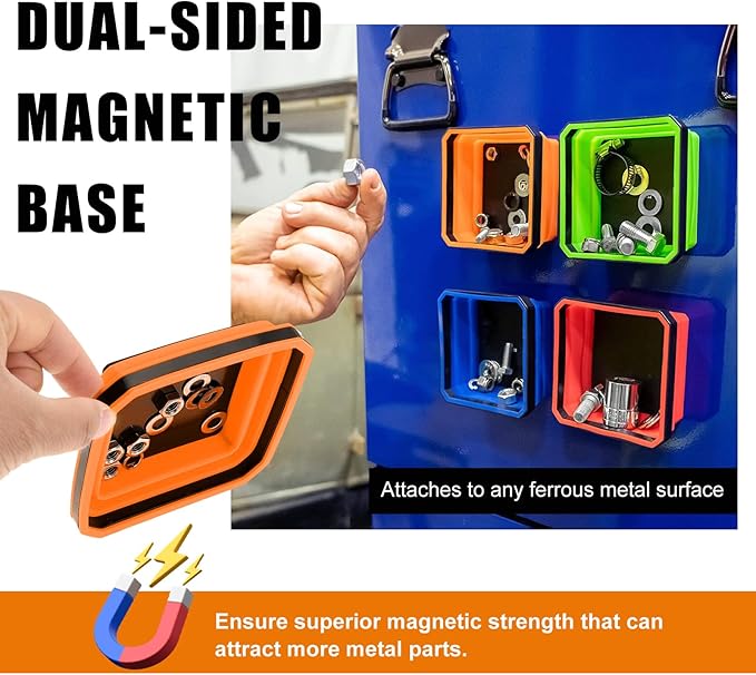 Collapsible Magnetic Parts Tray, 4.5 Inch Foldable Magnetic Square Silicone Tray, Tool Tray Set with Double-Sided Magnetic Base for Screw Bolts Nuts Pins, Car Accessories (Orange)