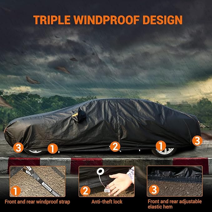 Tecoom All Weather Car Cover Waterproof Windproof Hail Protector with Fleece Lining & Zipper Door, UV Sun Protection, Fit for Sedan (170"–190"), Black