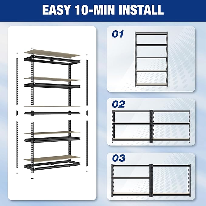 WORKPRO 2180LBS Garage Shelving Unit, Heavy Duty 5-Tier Adjustable Storage Shelf, Shelving Units and Storage for Kitchen, Basement or Pantry, 35.4”Wx11.8”Dx72”H, Black