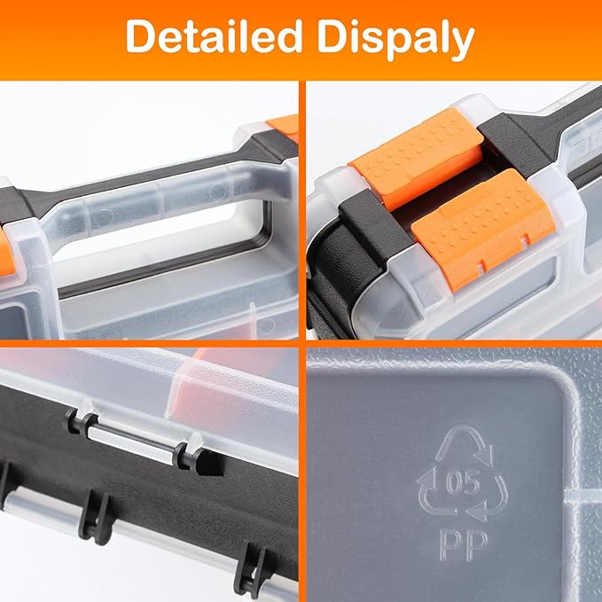 Plastic Tool Box,Double Side Tool Organizer Small Parts Tool Box Hardware Organizer with Removable Plastic Dividers for Bead/Screws/Nuts/Nails/Bolts/Bins/Crafts