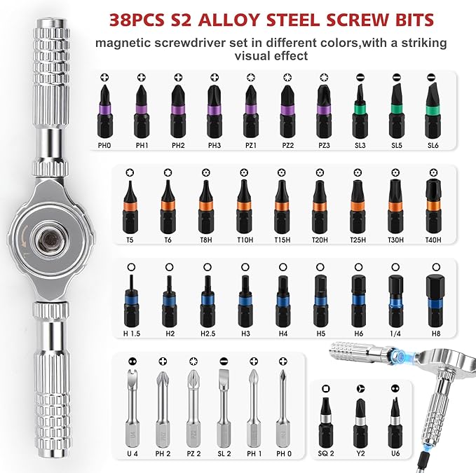 40 in 1 Magnetic Ratchet Screwdriver Set, S2 Steel Multi Bit Repair Tool Kit with Detachable Ratcheting Handle, Portable Compact Case for Furniture Assembly, Computer, Bicycle & DIY