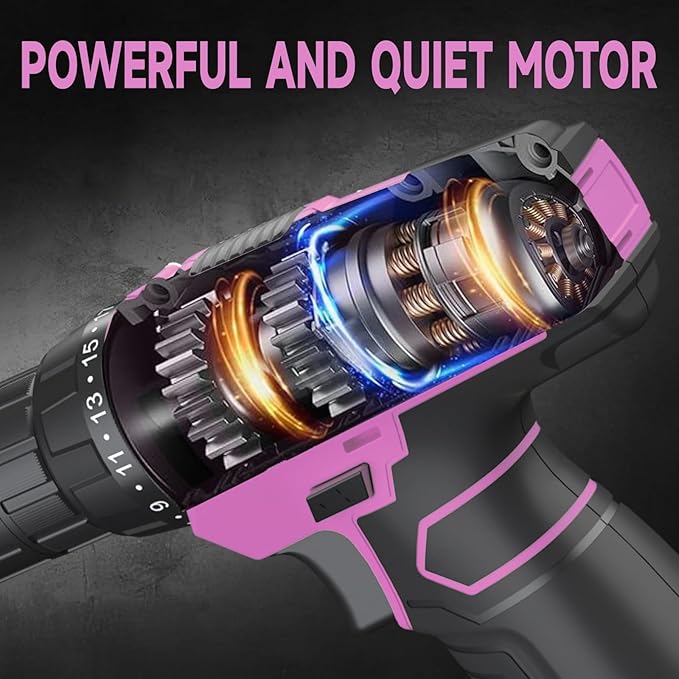 PULITUO 12V Pink Cordless Drill Set - Power Drill Kit with Battery and Charger, 3/8-Inch Keyless Chuck, Built-in LED, 21+1 Torque Setting