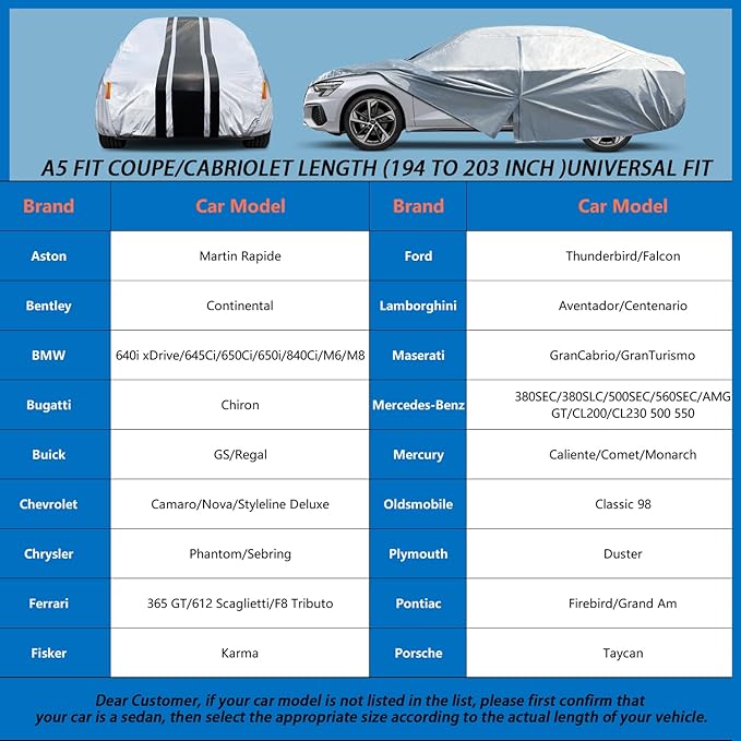 10-Layer Waterproof Sports/Coupe/Cabriolet Car Cover. All Weather Full Outdoor Covers. Dodge Challenger, Sebring, Firebird Etc. Size A5 (Length 194 to 203 inch)