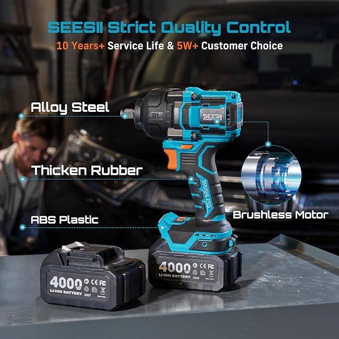Seesii Impact Wrench 886 Ft-lbs(1200N.m), 1/2 High Torque Impact Gun with 21V 2x4.0Ah Battery, Electric Impact Driver, 2900IPM, 5 Socket, Cordless Impact Wrench for Home Car/Mower/Pickup/Truck RV