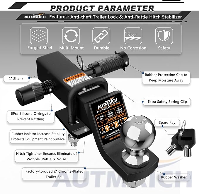 AUTMATCH Trailer Hitch Ball Mount with 2 Inch Hitch Ball - Fits 2" Receiver with Hitch Tightener, 8000Lbs Capacity Ball Hitch, 2-Inch Drop with 5/8" Hitch Lock Pin, Matte Black
