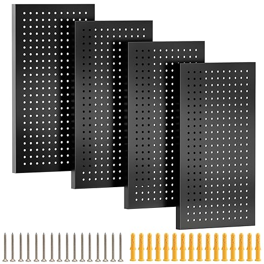 Metal Pegboard Panels 4 Pack, 24" x 12" Heavy Duty Rust-Proof Wall Organizer, Sturdy Steel Storage Board for Garage, Workshop & Craft Room, Black
