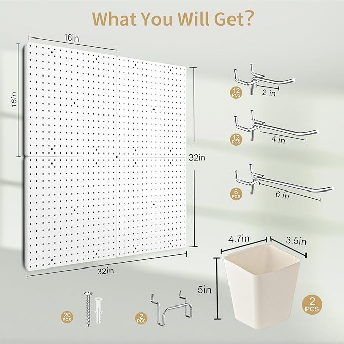 FZK Peg Board,Pegboard 32''*32'', White Pegboard 4pcs and 33 Accessories, Pegboard Wall Organizer, Peg Boards, Peg Boards for Walls, ABS Plastic Craft Room Garage Kitchen office
