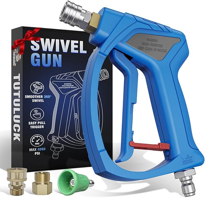TUTULUCK® Pressure Washer Short Gun with 3/8" Swivel, Power Washer Stubby Trigger Handle with 25° Soft Rubber Nozzle, M22-14mm to 3/8" Quick Connector, M22-15mm Female for Car Wash