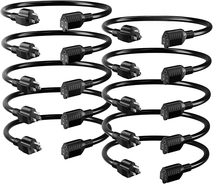 16/3 Black Extension Cord 8inch (10Pack), Indoor Extension Cord for Laptops, Coffee Makers, Office Home Appliances, 3 Prong Resistant Cable Flexible, 13A 125V 1625W ETL Listed