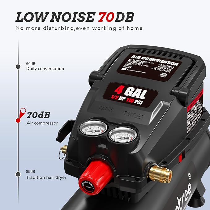 Baotree Portable Air Compressor, 4 Gallon Max 110PSI Oil Free Air Compressor Tank, 0.5HP Motor 0.6SCFM@90 PSI,1.0SCFM@40PSl Garage Air Compressors for Car Repair, Spray Painting, Woodwork Nailing
