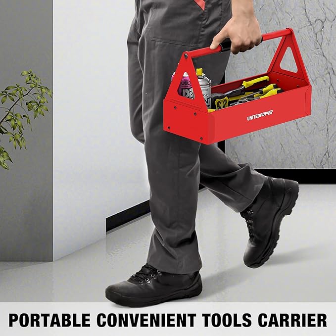 UNITEDPOWER Handy Tool Box, Portable Metal Tote Tray with comfortable grip handle, Tool Organization for Household, Warehouse, Repair Shop, Red